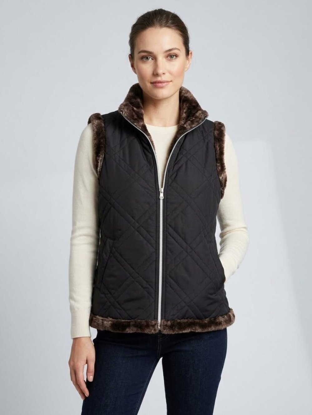 NWT Casual Identity Reversible Black & Brown Faux Fur Vest Large
